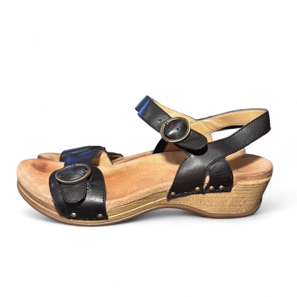 Dansko Black Leather Comfort Sandals EU 39 US 8.5 Buckle Slingback Wedge Shoes